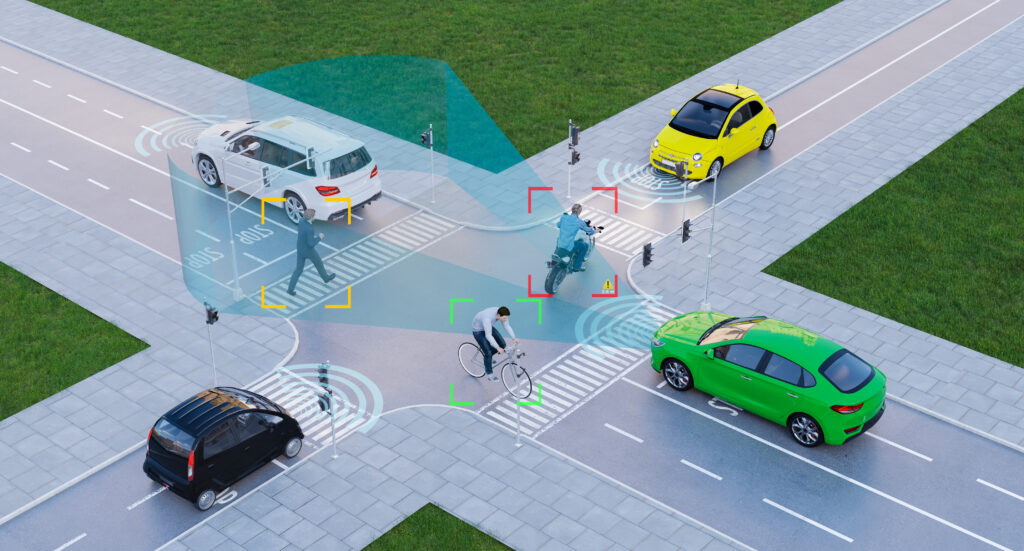 driverless cars at a crosswalk 